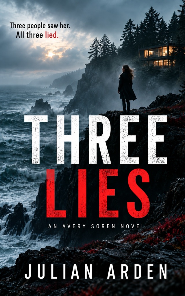 THREE LIES book cover: a woman stands on a fog-covered cliff above a stormy Oregon coastline, with a lit house among evergreens behind her.